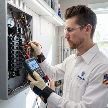 Electrician using a digital voltage analyzer to inspect a home's electrical system