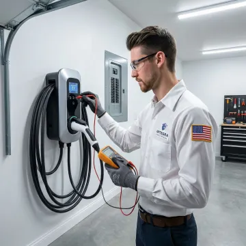 Electrician performing a final inspection and test on a newly installed home EV charger