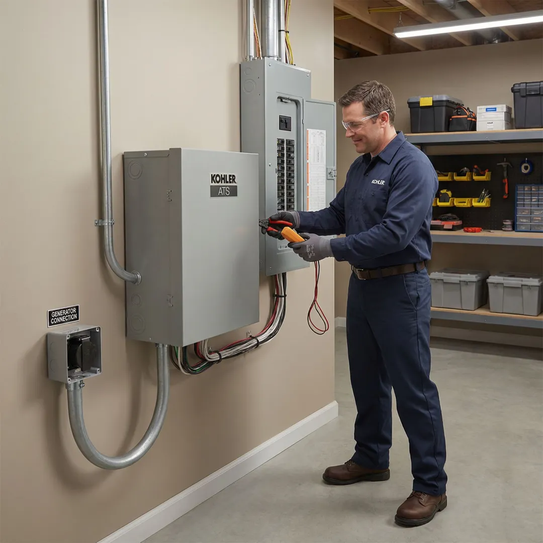 Electrician installing a transfer switch panel for a whole-home generator system in a residential setting