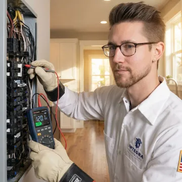 Electrician using a digital voltage analyzer to evaluate a residential breaker panel