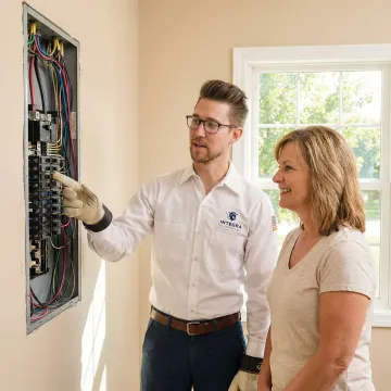 Electrician reviewing electrical inspection findings with a homeowner in Carlisle, Iowa