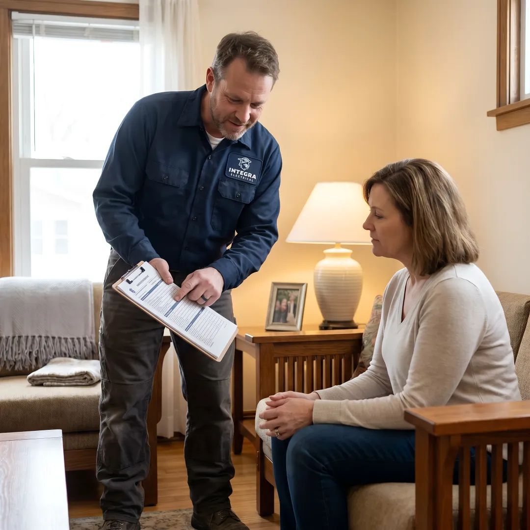Electrician explaining electrical inspection findings to a homeowner using a clipboard.
