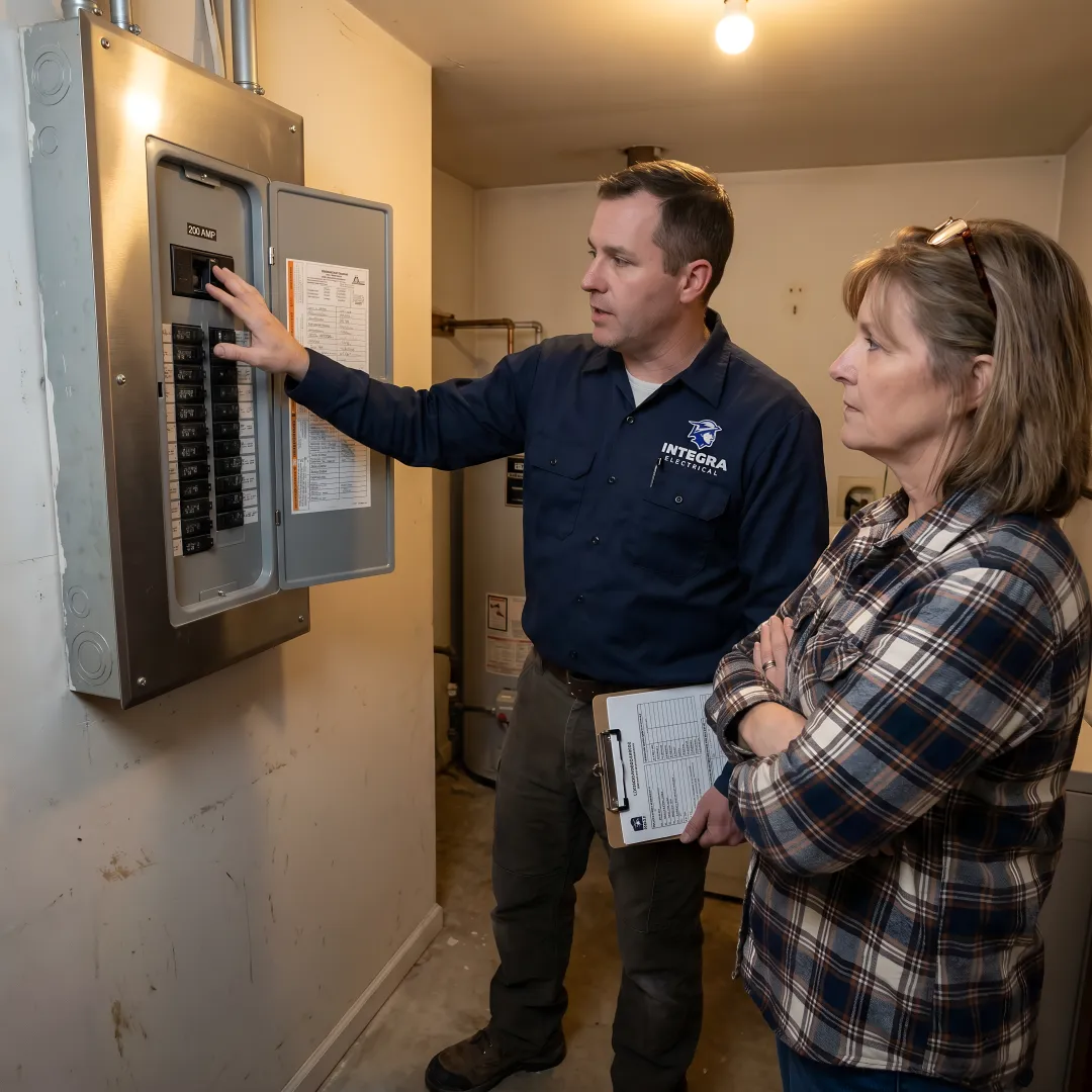 Electrician walking a homeowner through a newly installed electrical panel