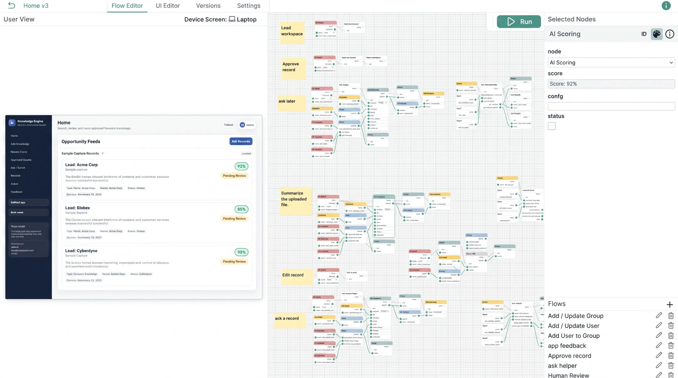 Intellectible platform dashboard showing automated opportunity scoring workflow