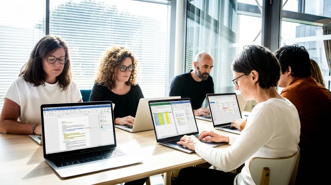 Government contractor team collaborating simultaneously on multi-volume proposal documents