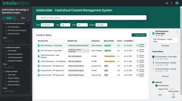 Intellectible Knowledge and Operations Engine interface showing content library with semantic search and version control