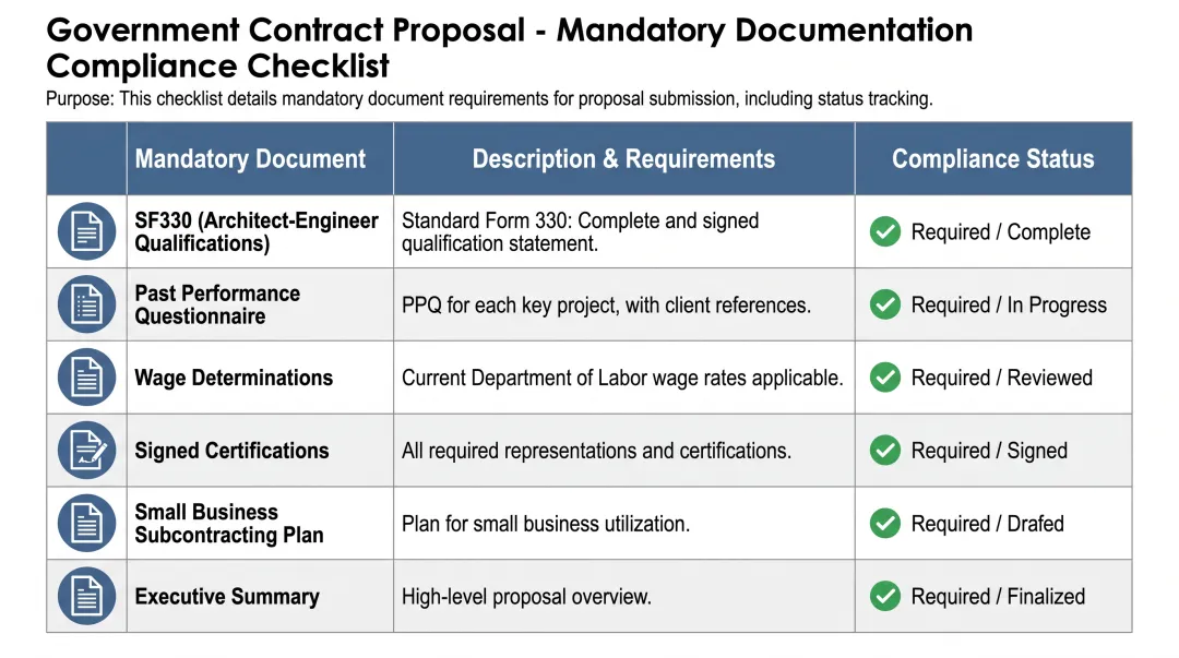 Government proposal compliance checklist showing mandatory documentation and certification requirements