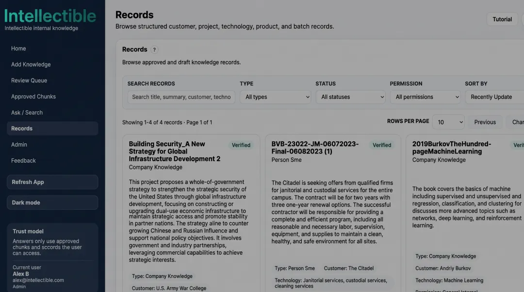 Intellectible Knowledge Engine interface displaying structured document records with metadata and source references