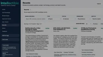 Intellectible Knowledge Engine interface displaying structured document records with metadata and source references