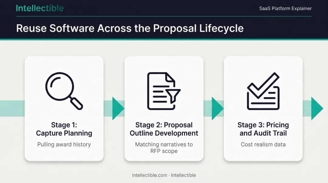Past performance reuse software integration across capture planning proposal pricing stages