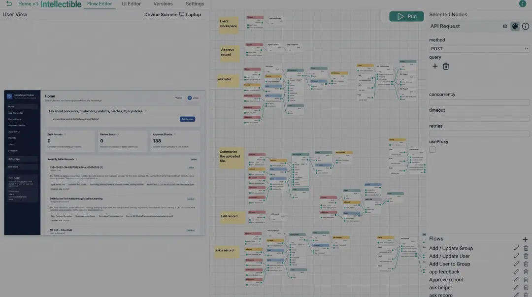 Intellectible visual workflow builder connecting AI nodes and pipeline stages