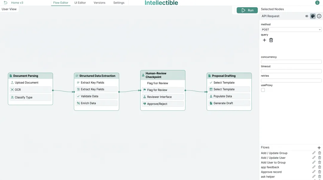 Intellectible workflow builder connecting document parsing and proposal drafting