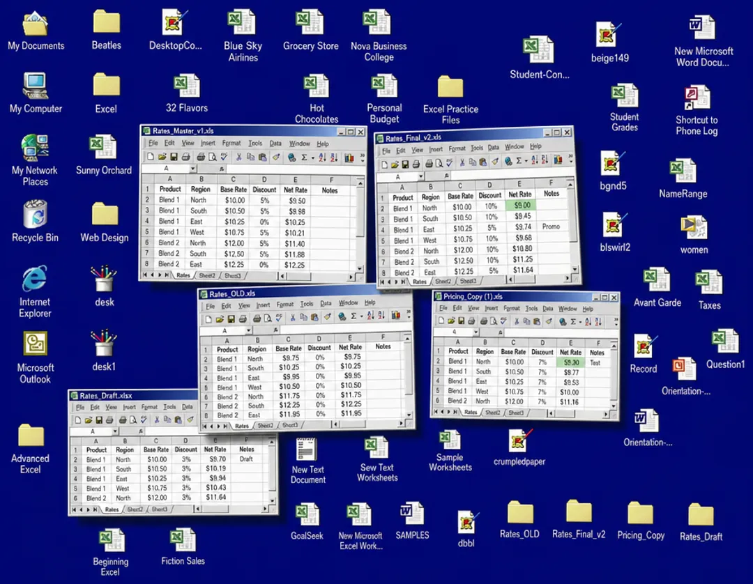 Scattered spreadsheet files representing fragmented government contractor pricing data