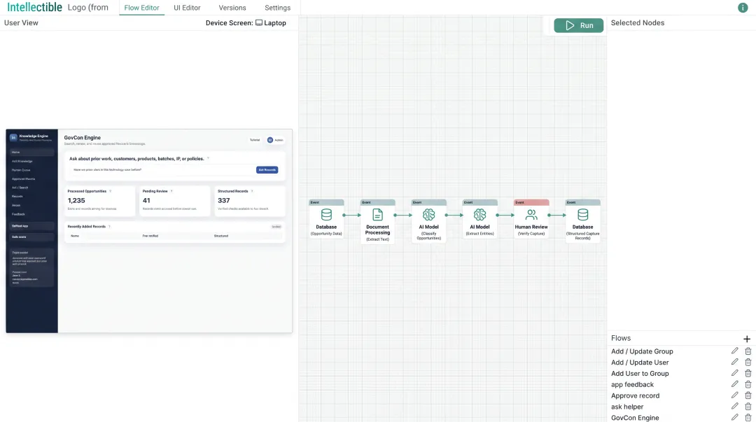 Intellectible visual workflow builder dashboard showing GovCon automation nodes