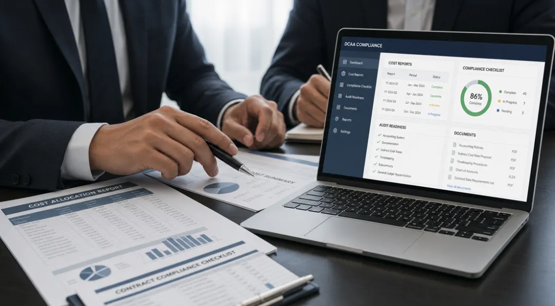 Government contractor accounting team reviewing DCAA compliance audit documents