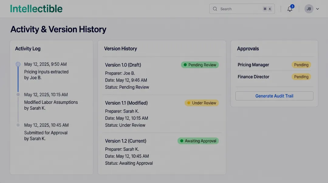 Pricing platform dashboard showing audit trail and version tracking history