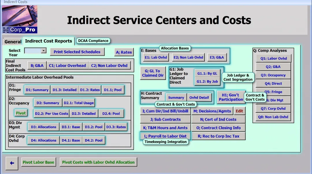 DCAA-compliant accounting system interface showing job cost tracking and audit trail
