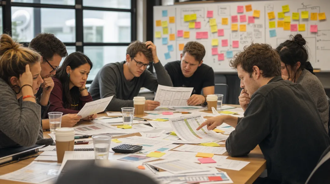 Frustrated business team reviewing scattered spreadsheets during manual bid decision meeting