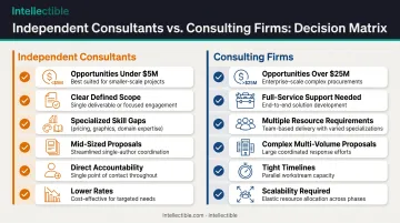 Decision framework comparing independent RFP consultants versus consulting firms by opportunity size and scope