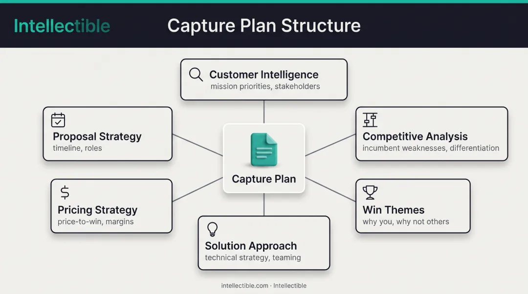 Six-component capture plan structure showing essential elements for GovCon pursuit success