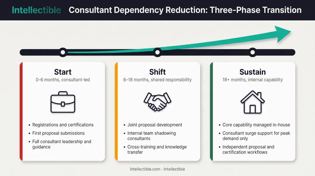Three-phase consultant transition timeline from dependent to independent government contracting capability