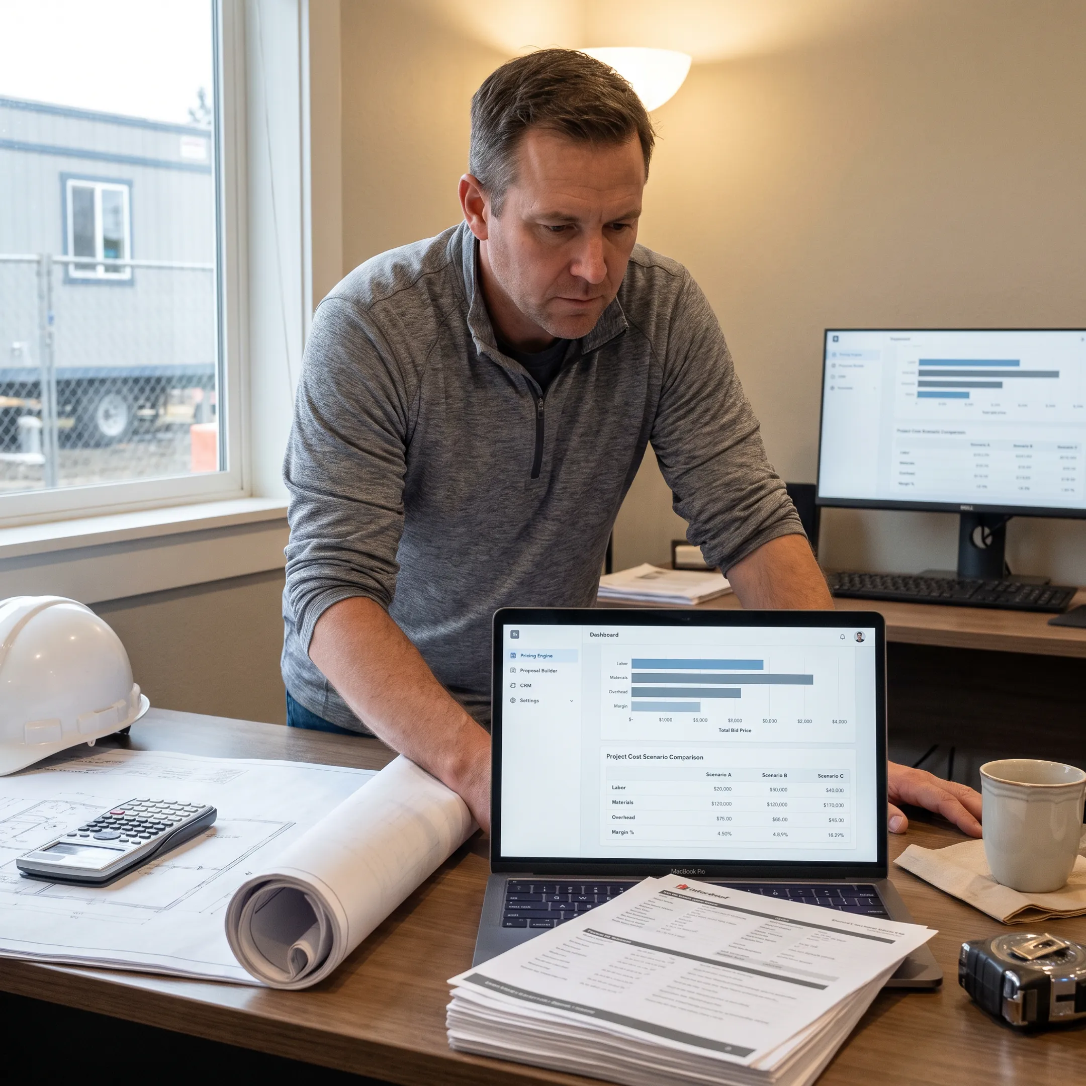 Construction estimator reviewing digital pricing scenarios