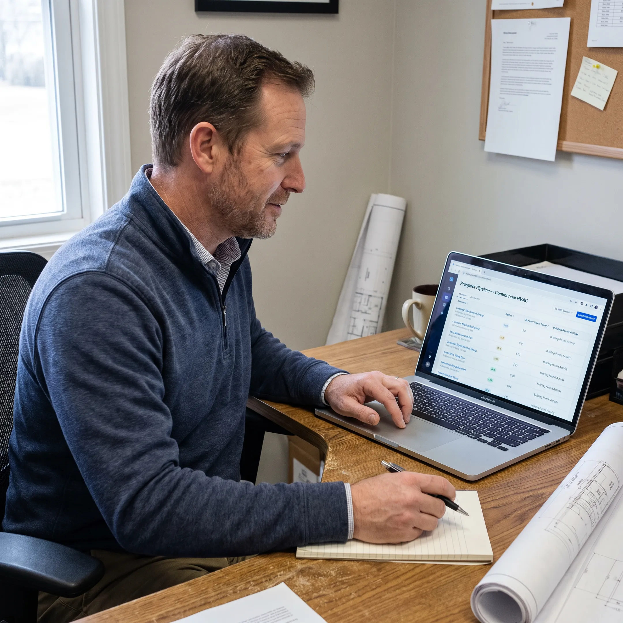 Commercial HVAC contractor reviewing researched prospect signals on a laptop