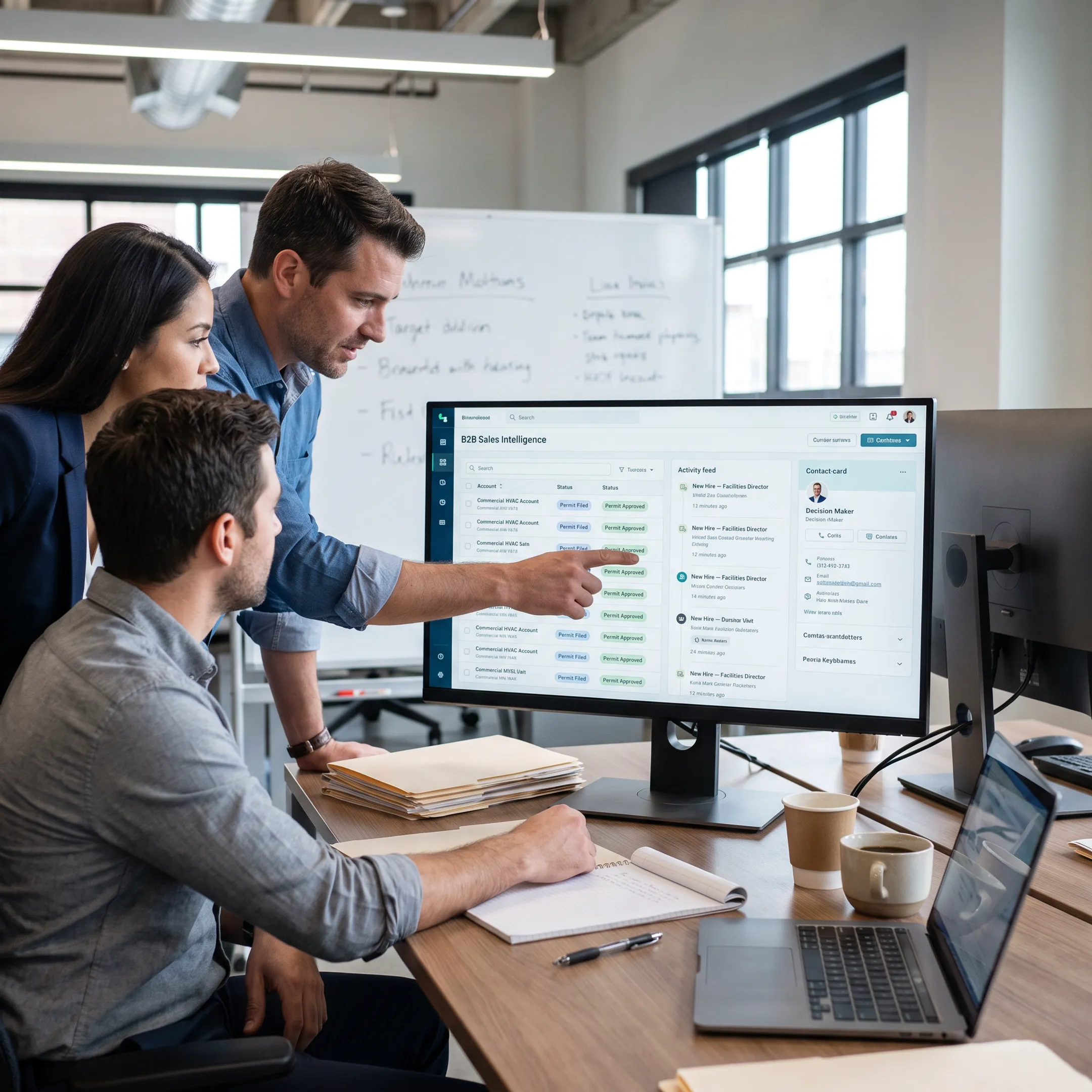 Sales team reviewing commercial building signals and HVAC prospects