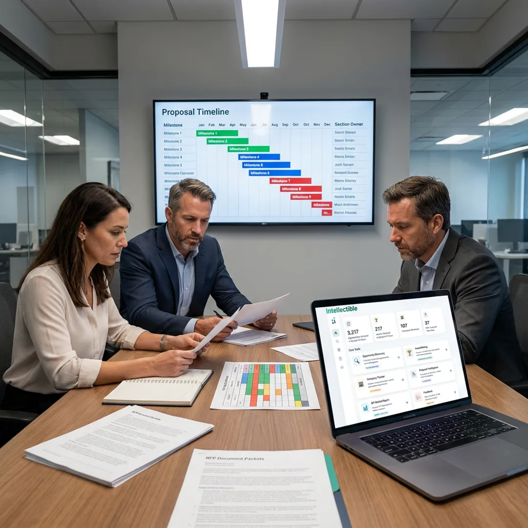 GovCon bid team reviewing RFP workflow dashboard