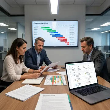 GovCon bid team reviewing RFP workflow dashboard