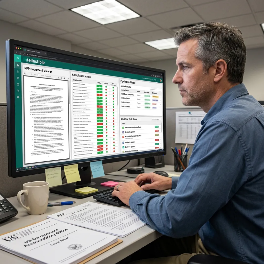 Government contractor proposal manager reviewing an AI workflow dashboard