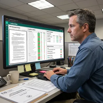 Government contractor proposal manager reviewing an AI workflow dashboard