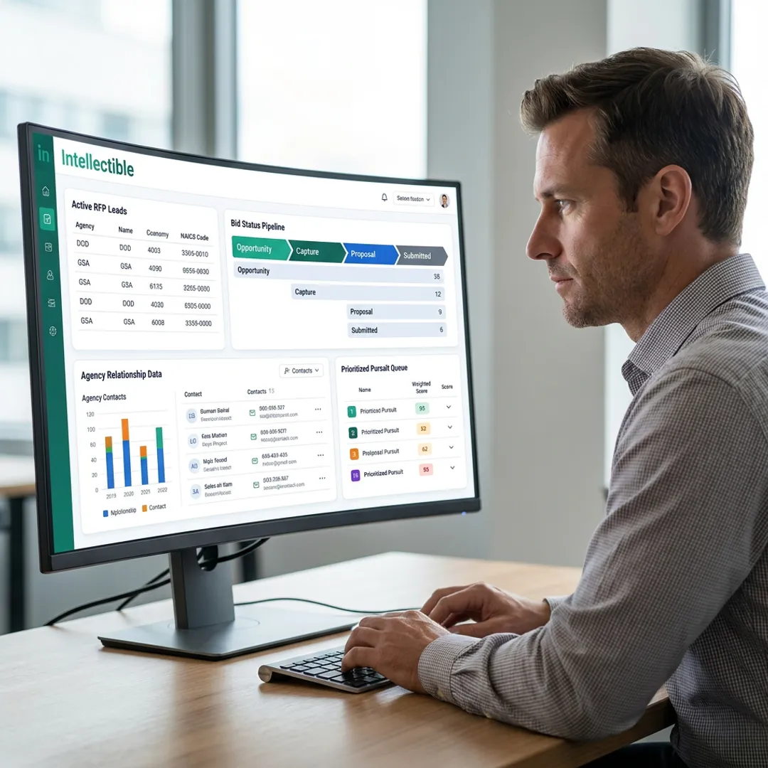 Government contractor reviewing RFP leads dashboard