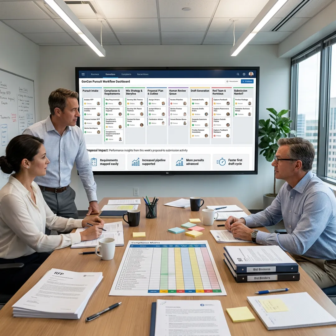 GovCon proposal team reviewing an RFP workflow