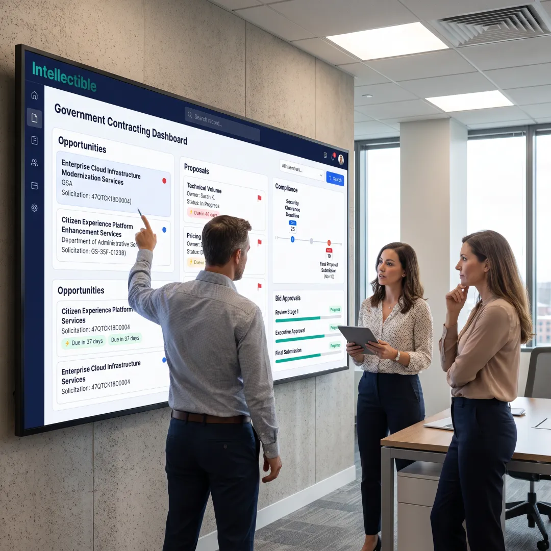 GovCon team reviewing a digital bid workspace