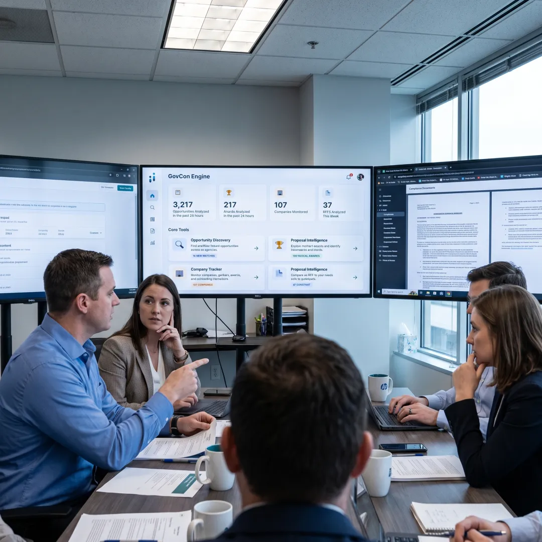 Government contractor team reviewing an AI-assisted proposal workflow