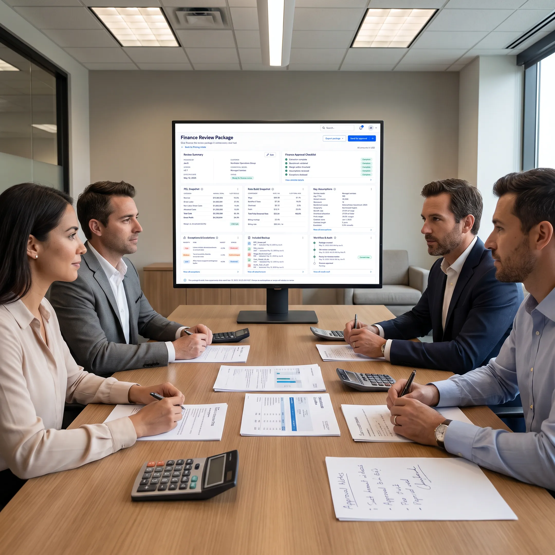 Pricing team reviewing subcontractor cost scenarios