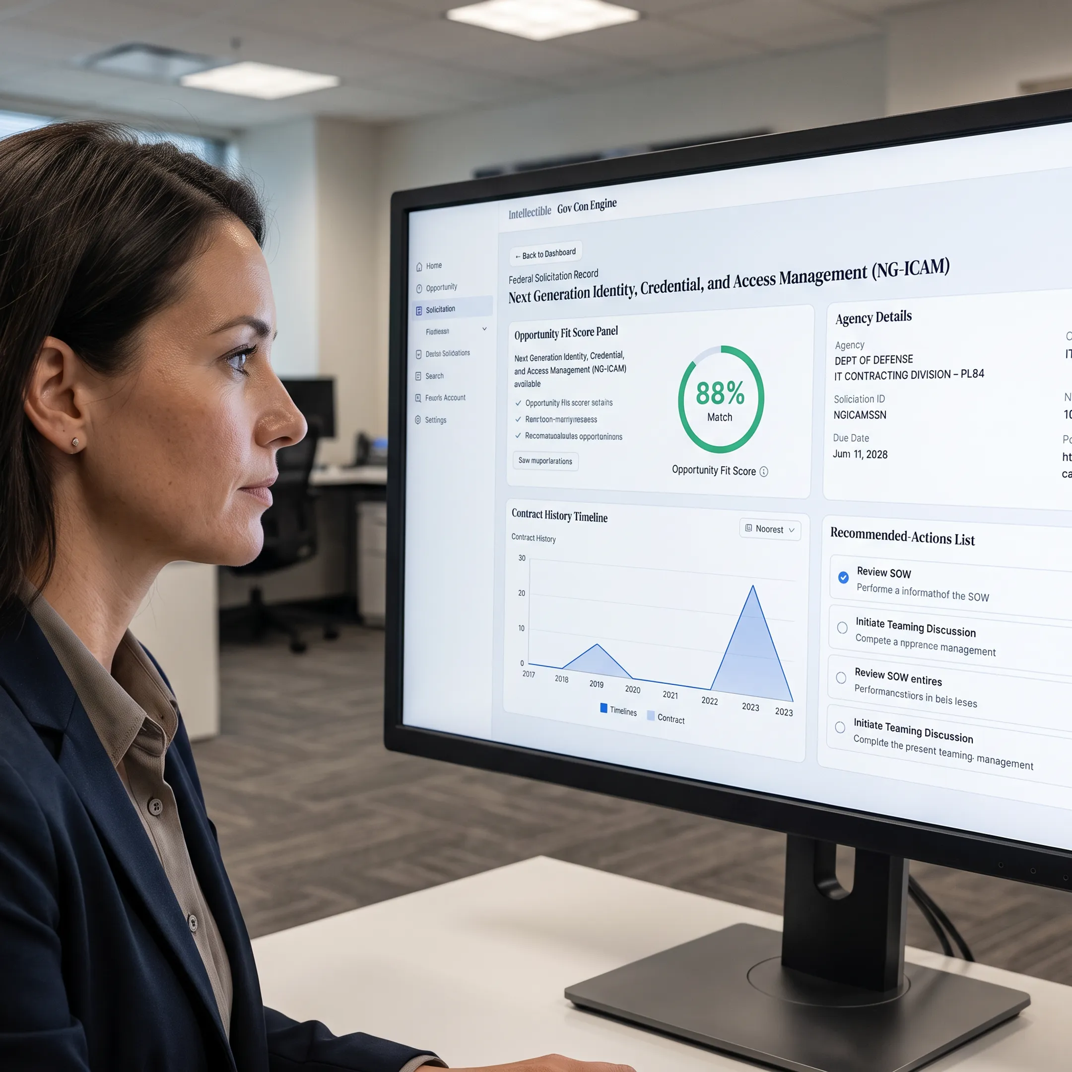 Capture manager reviewing opportunity fit analysis