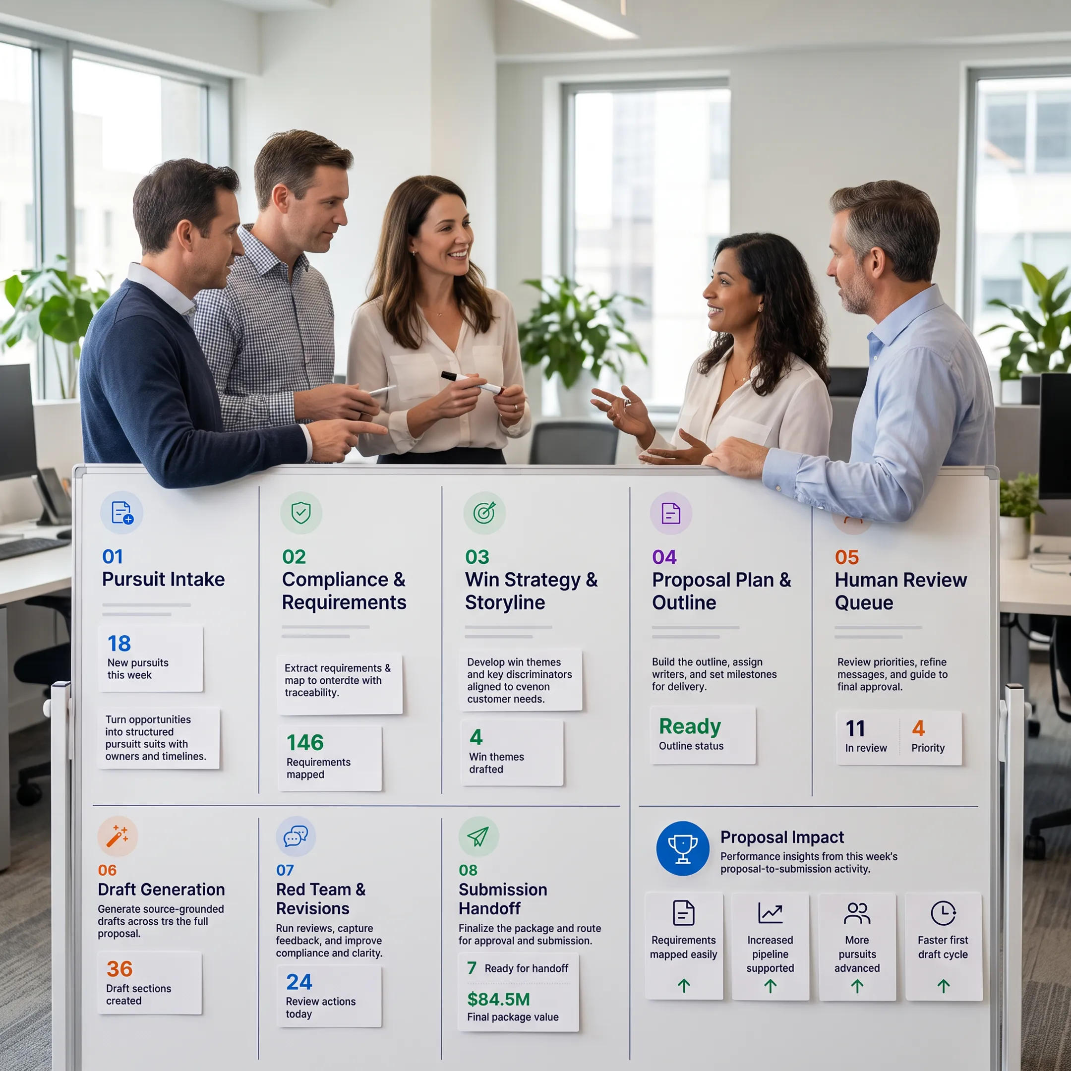 Team reviewing proposal workflow milestones