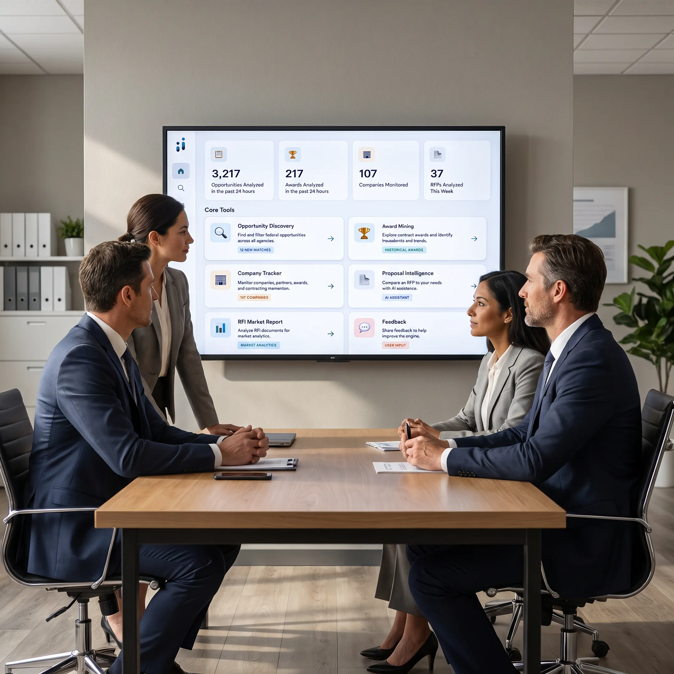 GovCon team reviewing a digital proposal intake dashboard