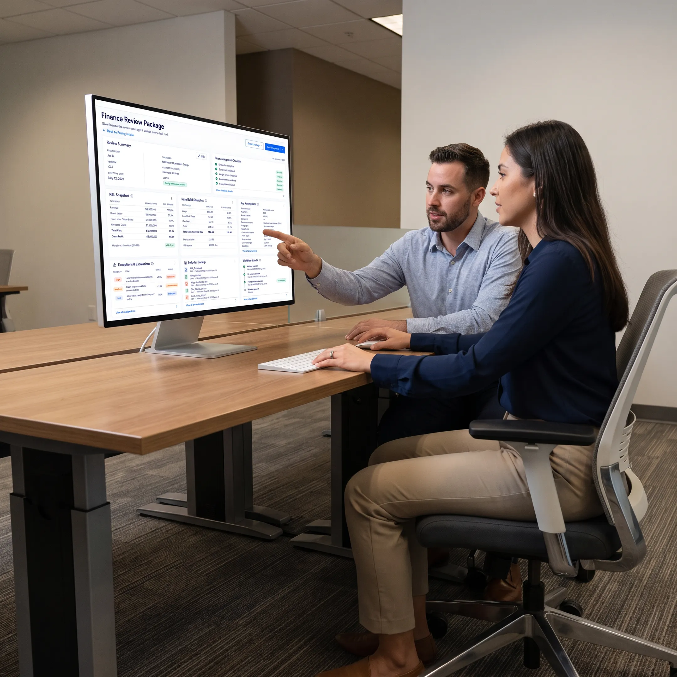 Services contractor reviewing pricing scenarios on a laptop