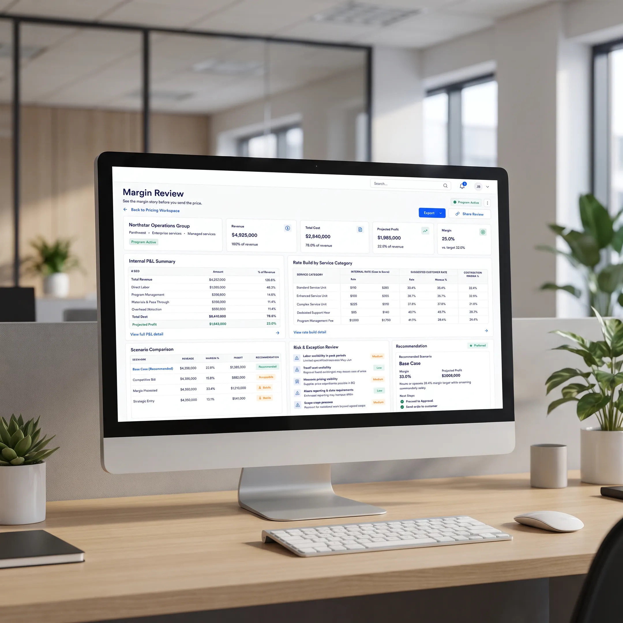 Analyst building pricing scenarios in a secure workspace