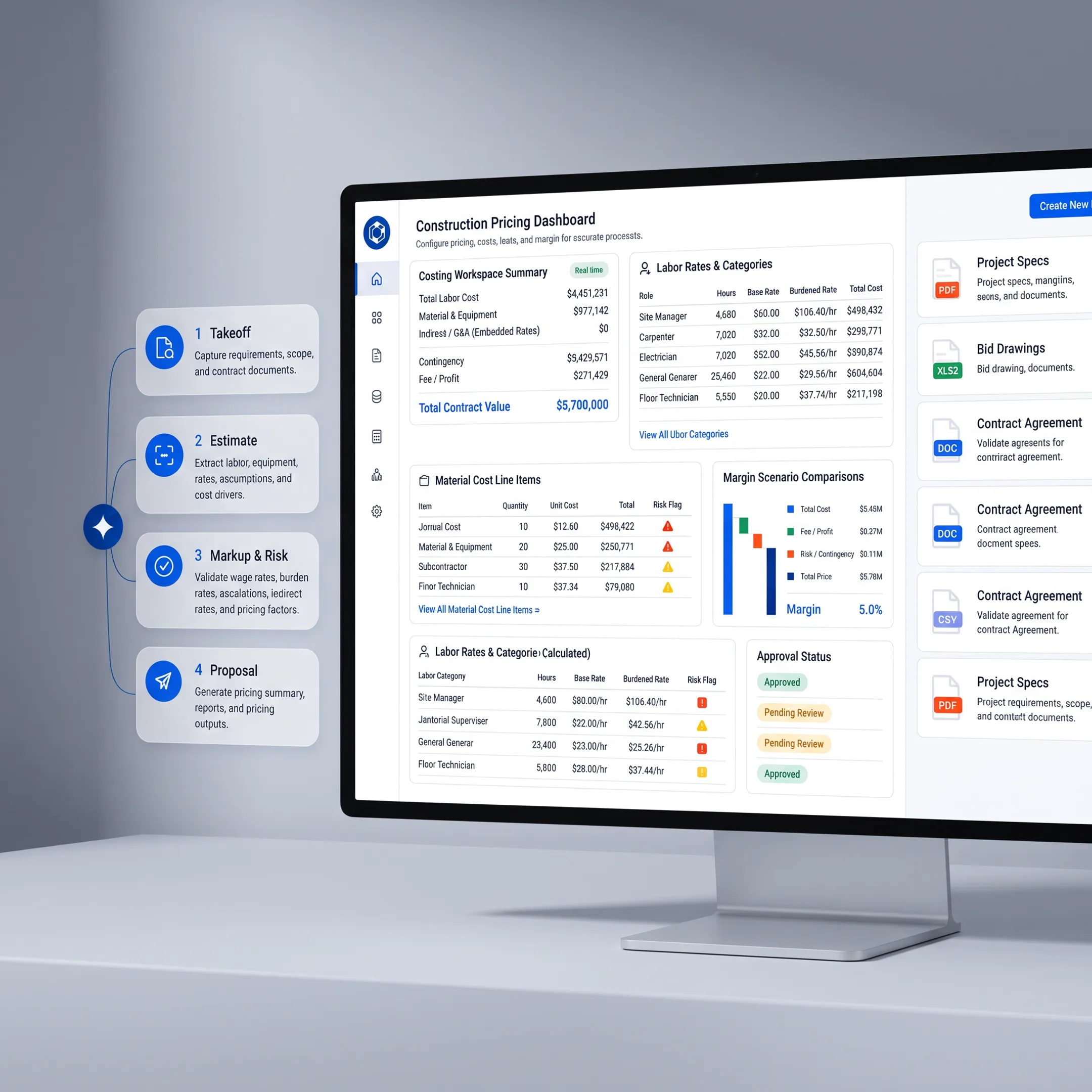 Construction pricing workspace with cost scenarios