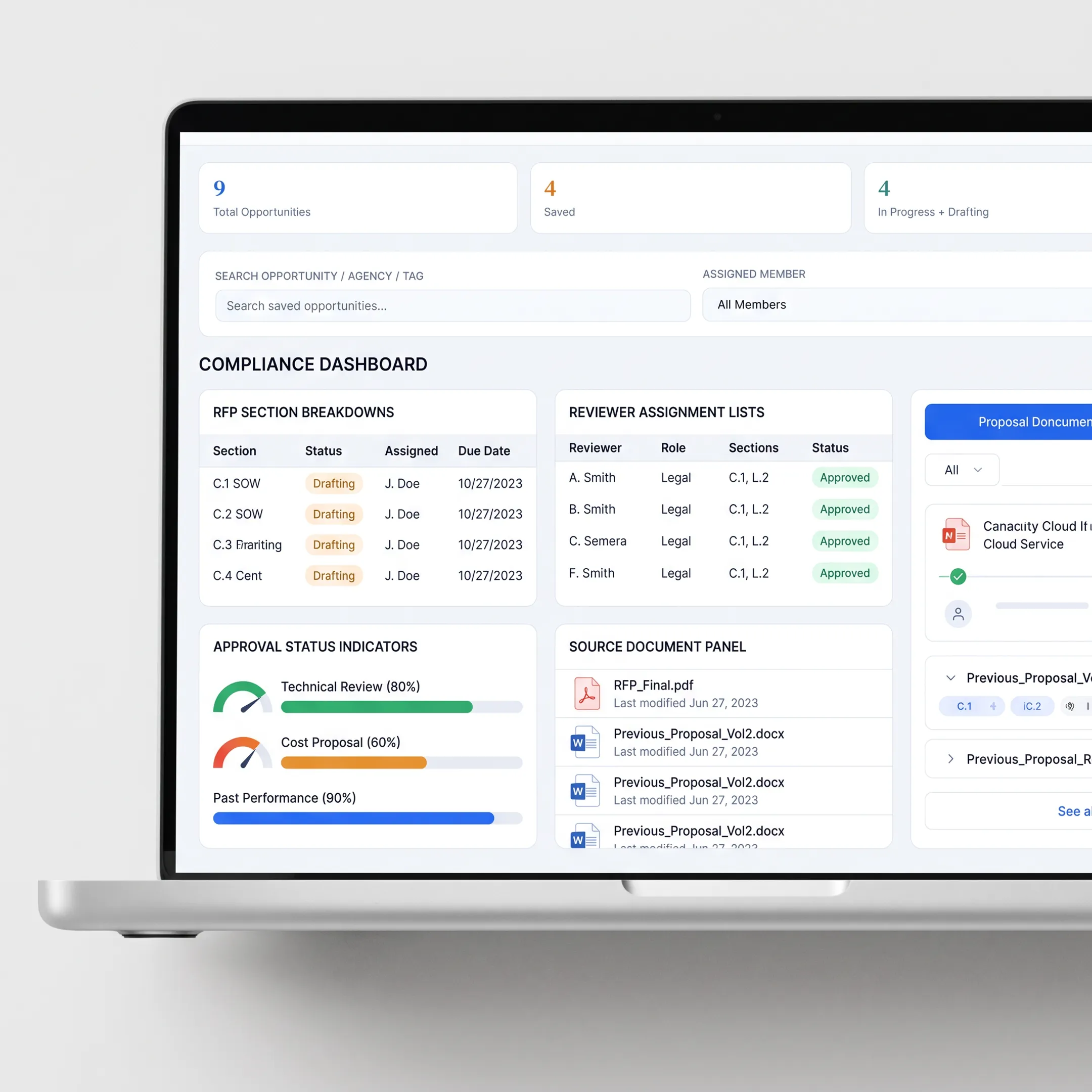 Proposal manager reviewing compliance dashboard