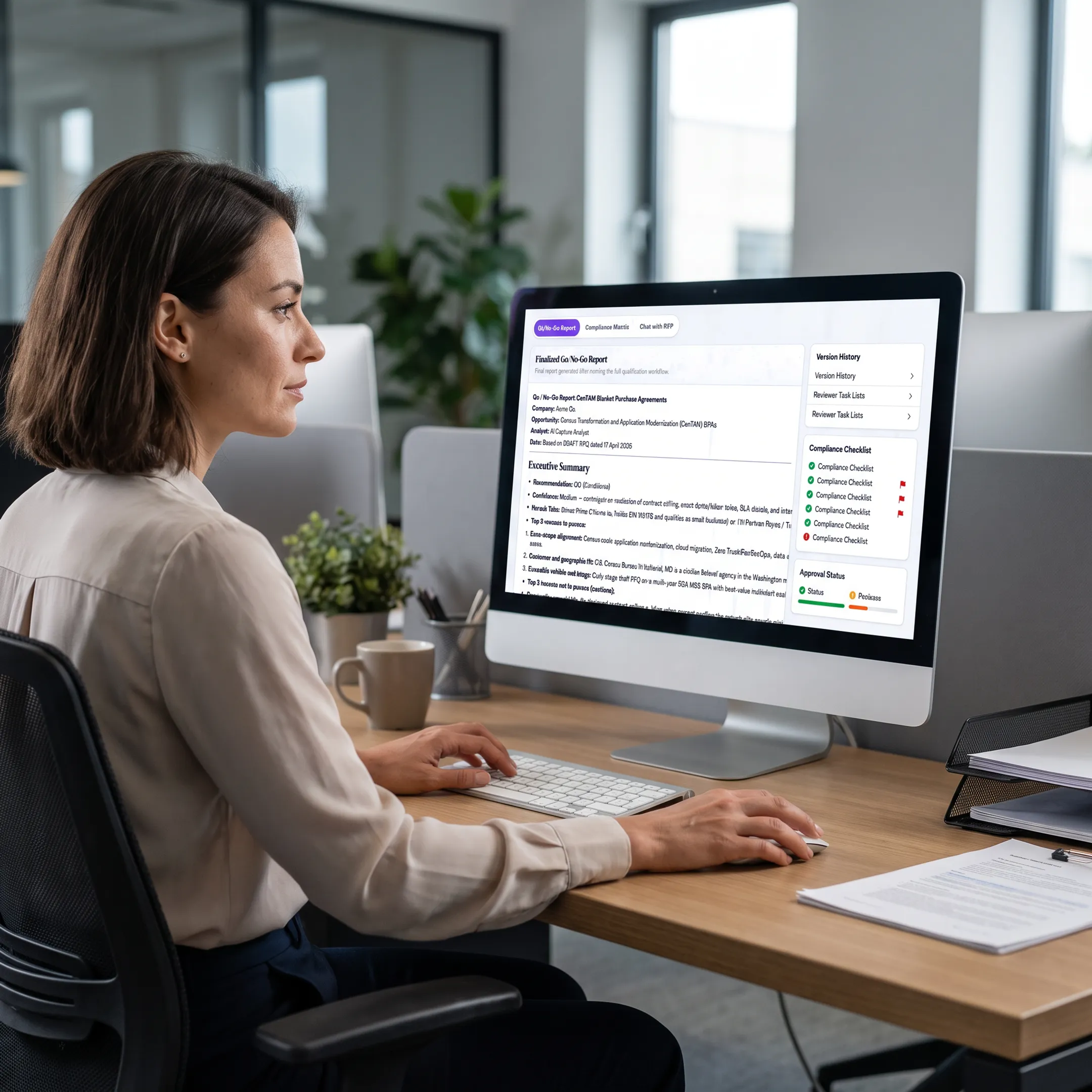 Proposal manager reviewing version-controlled response materials