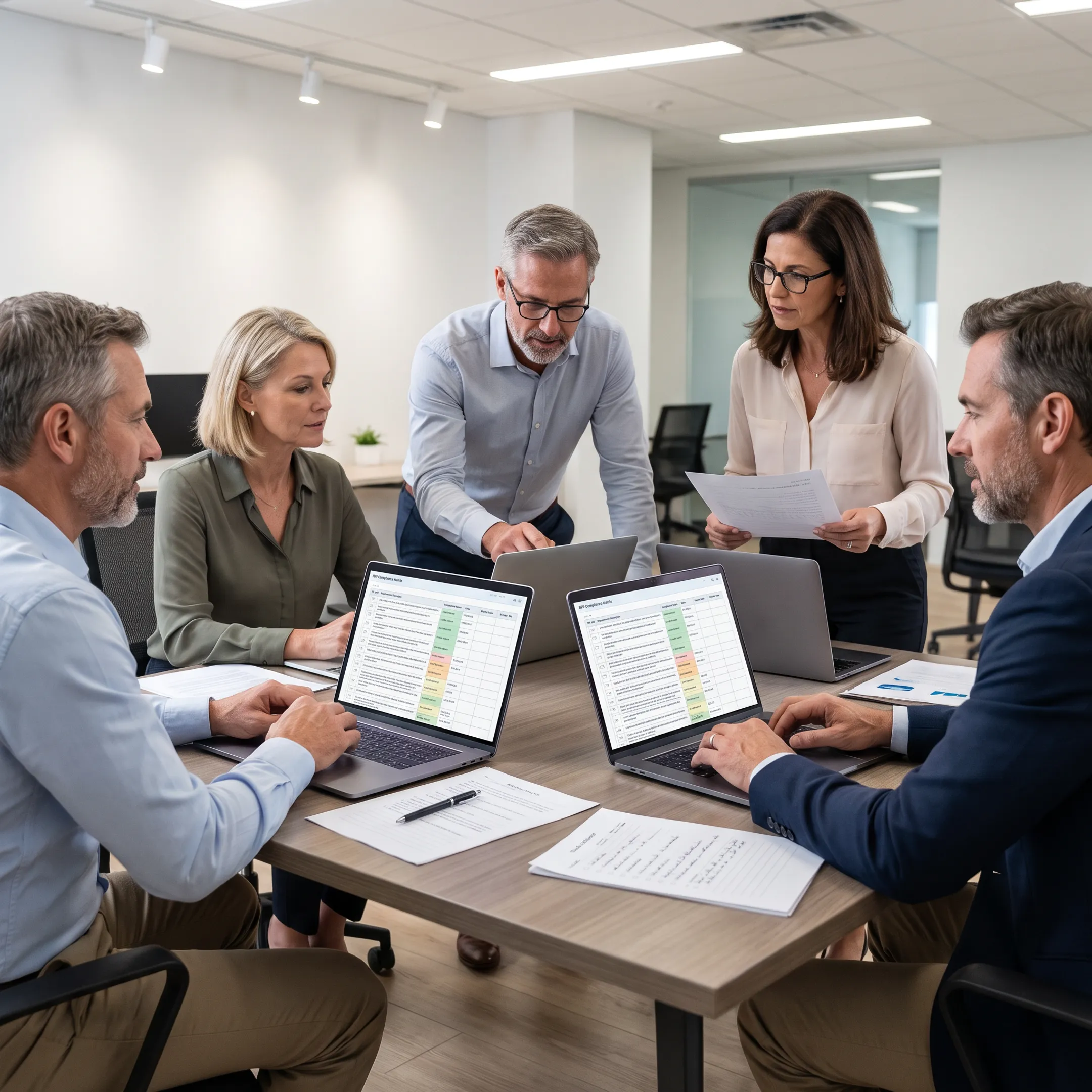 GovCon team reviewing a proposal compliance matrix