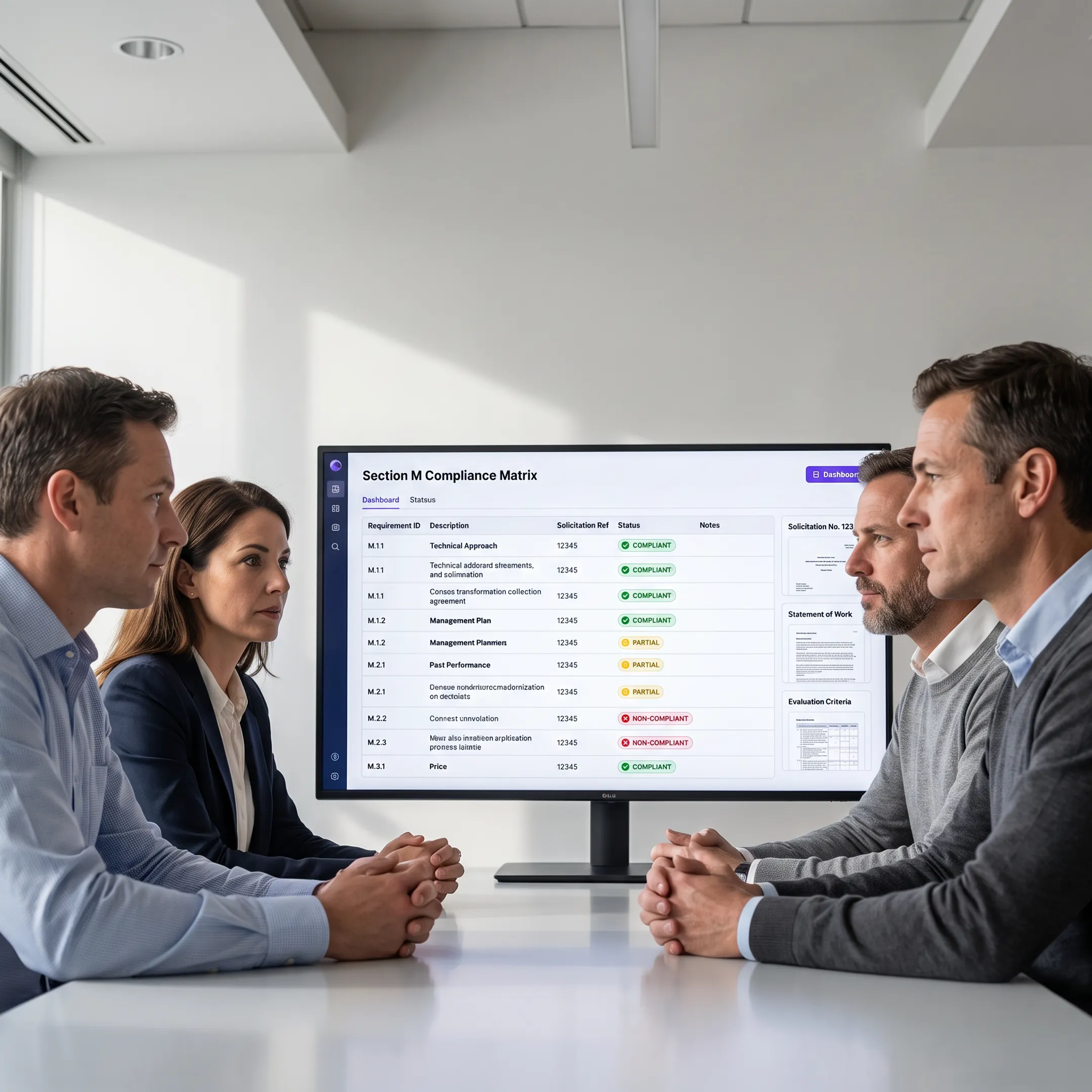 GovCon team reviewing a proposal compliance matrix