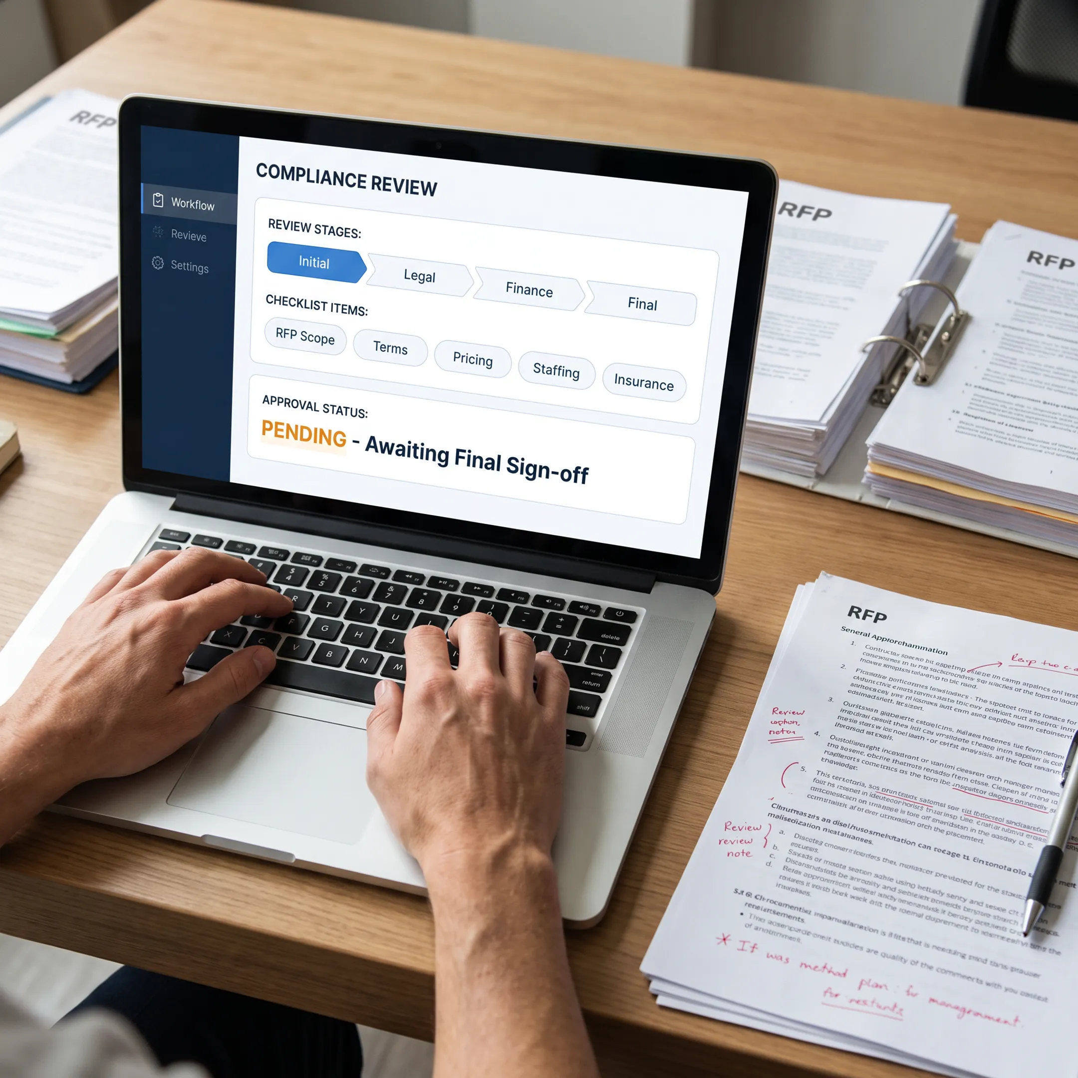 Proposal manager reviewing a Section M compliance workflow
