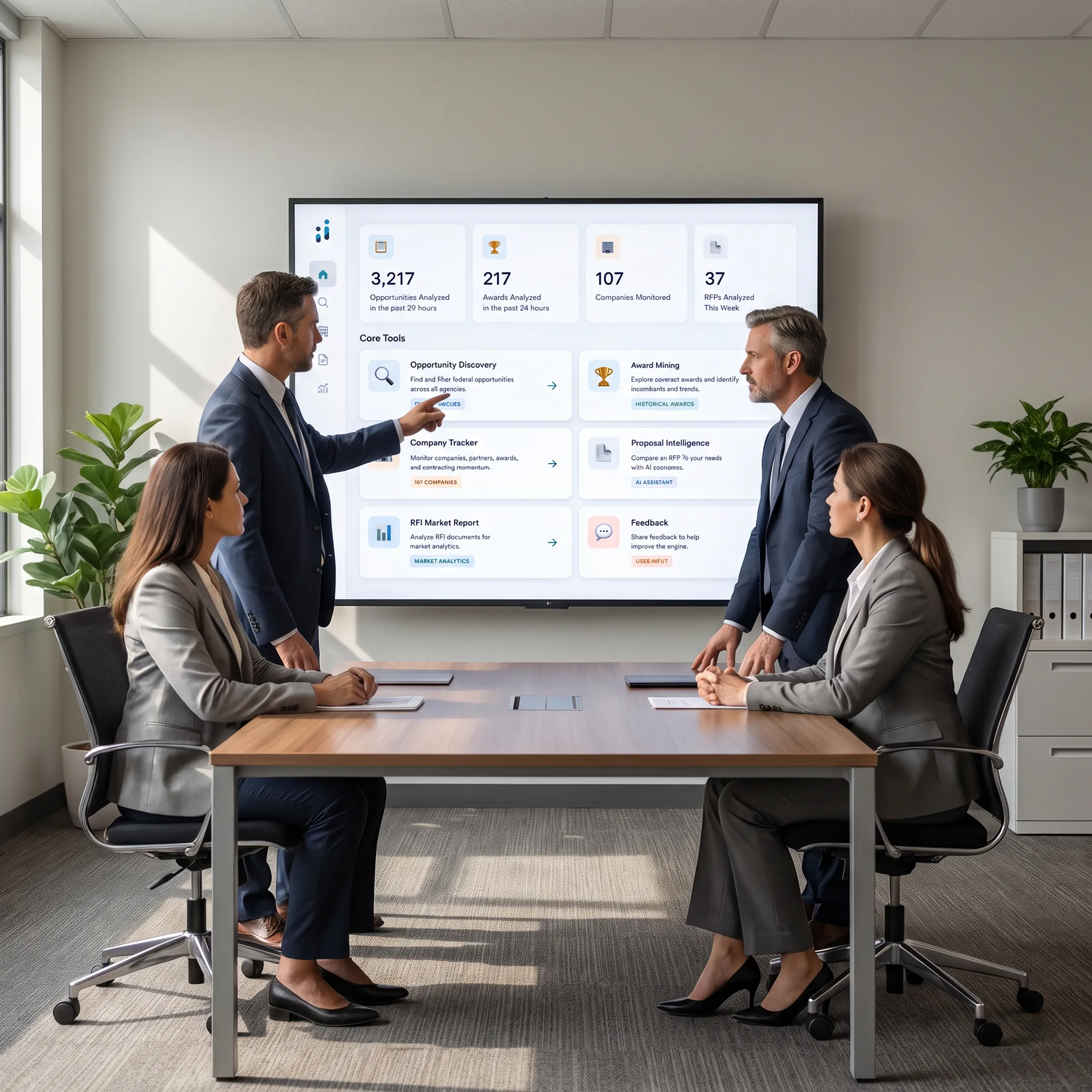 GovCon team reviewing teaming partner intelligence