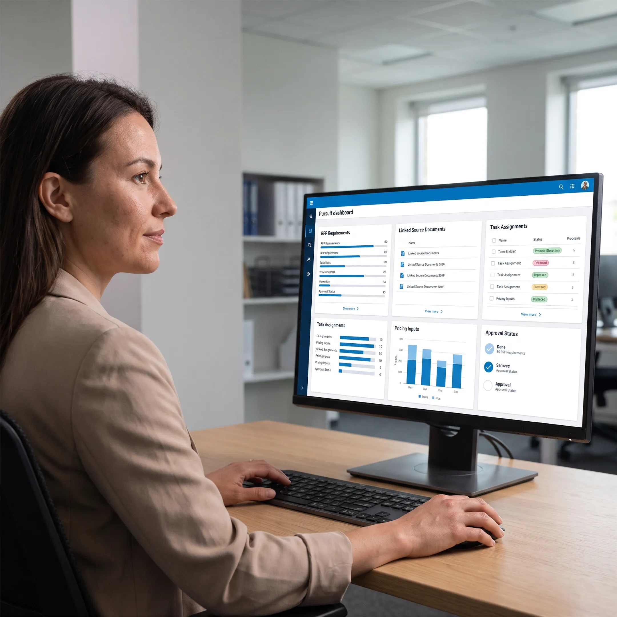 Proposal manager reviewing an AI-powered pursuit dashboard